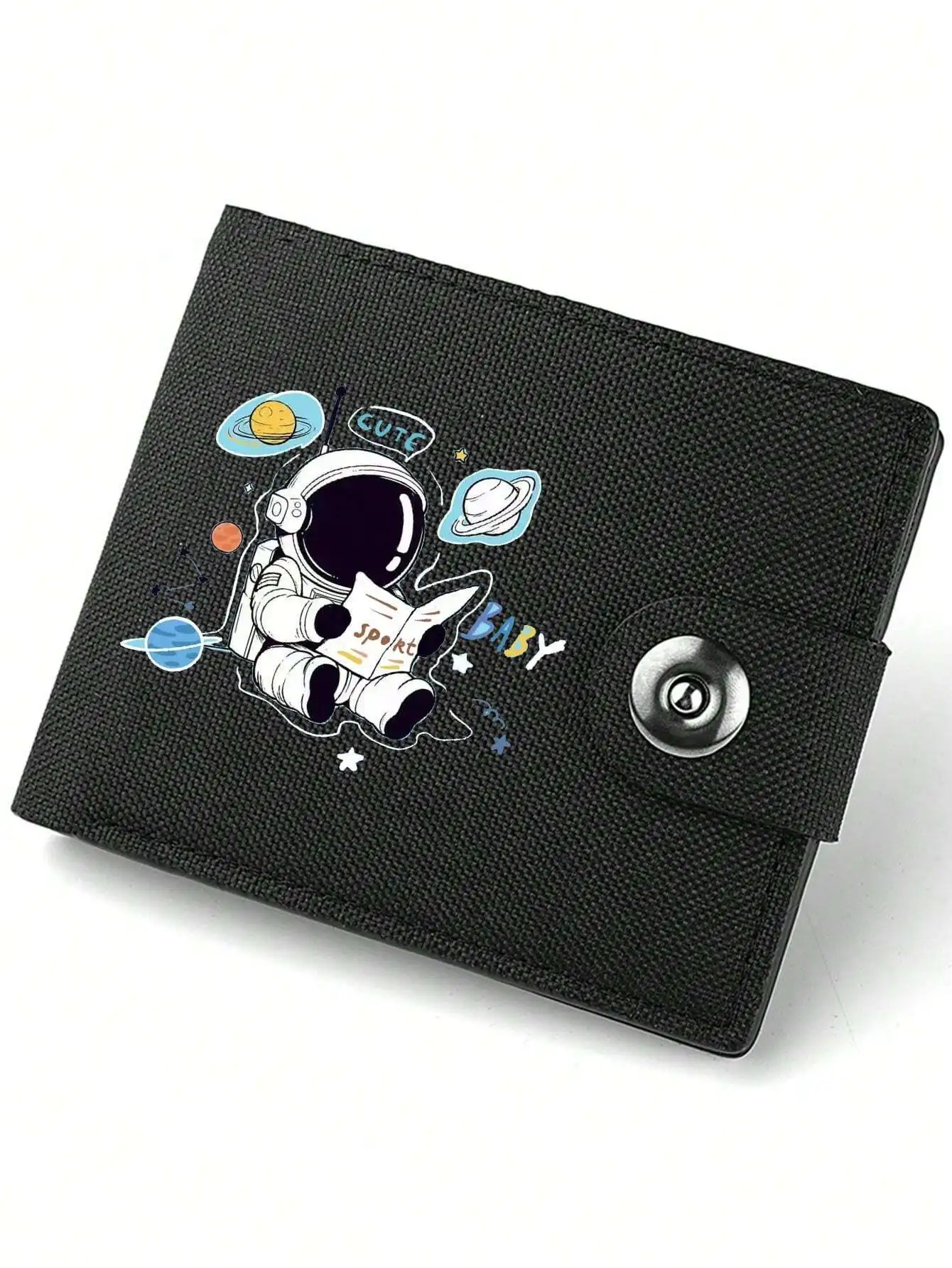

New Fashionable Cartoon Astronaut Reading Newspaper Canvas Wallet - A Black Bifold Wallet With Buckle - High-Quality Material, E