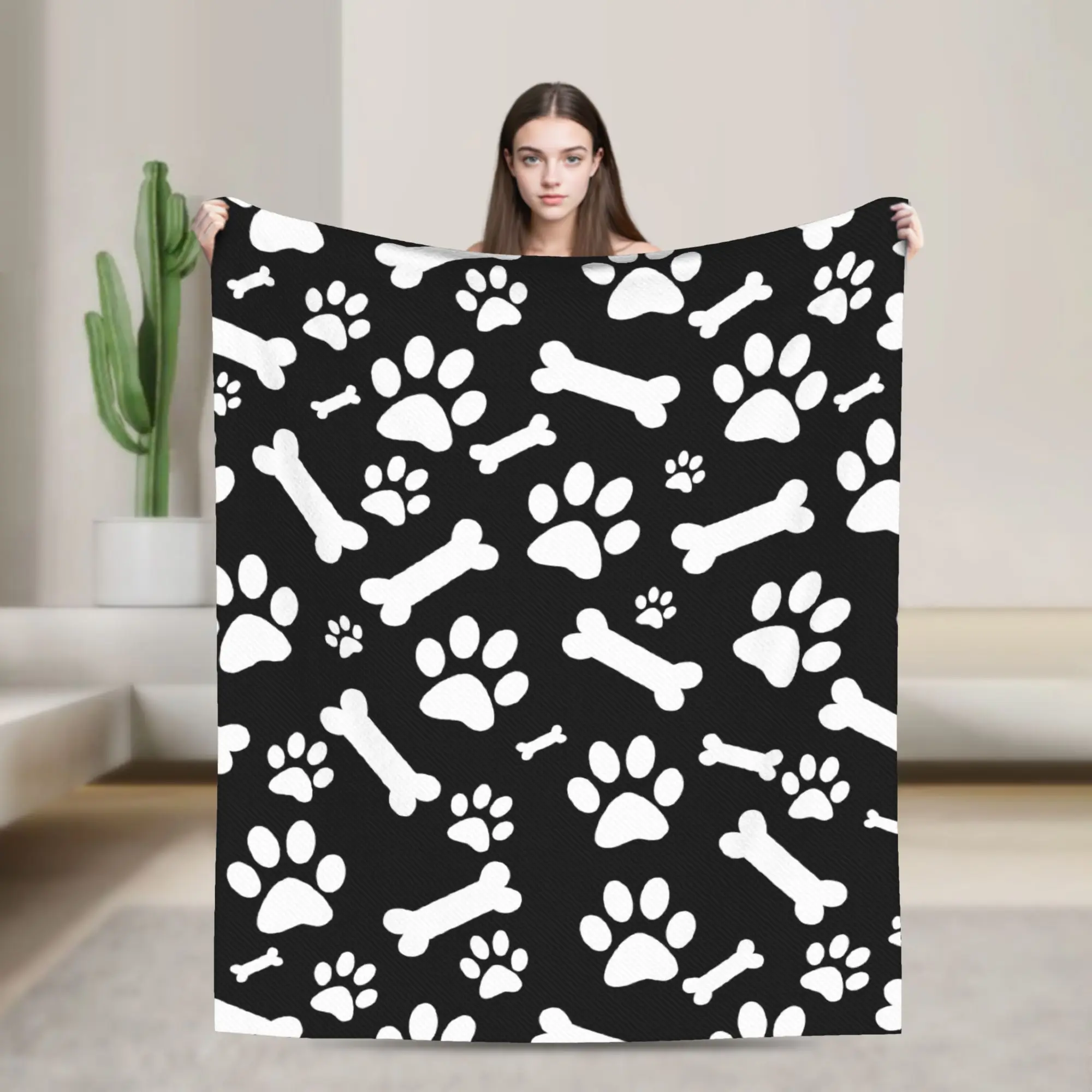 Cute Dog Paw Blanket Cover Flannel Bones Pattern Lightweight Throw Blankets for Bedroom Sofa Bedspread