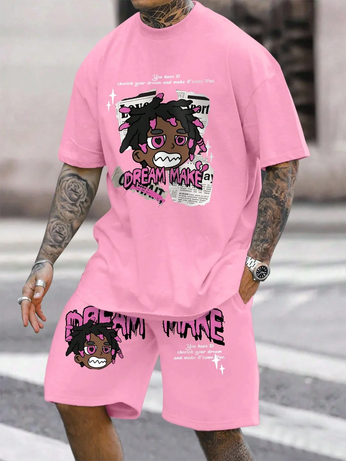 Men\'s round neck casual summer T-shirt with cartoon characters and letter patterns, short sleeves and drawstring shorts