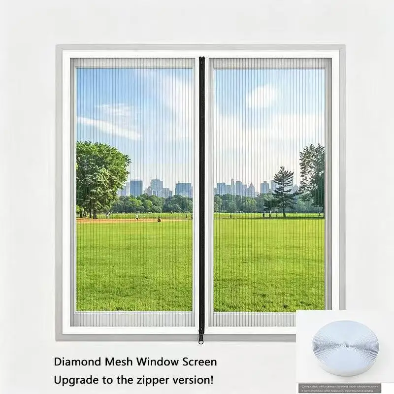 Diamond mesh mosquito proof window screen with white zipper design, ventilated and transparent, self-adhesive, easy to install,