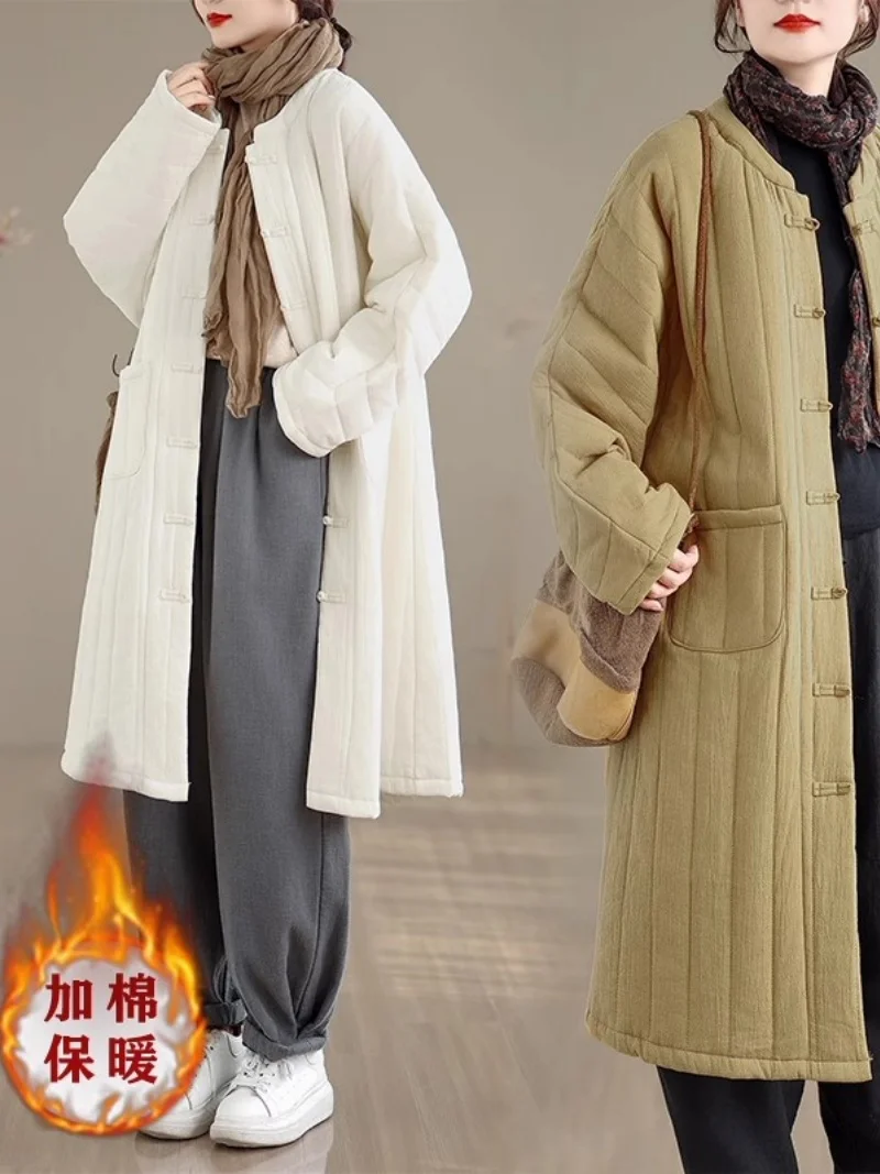 Chinese Style Cotton And Linen Jacket For Women Autumn Winter 2025 New Ramie Medium Long Thick Retro Button Quilted Coat w1034