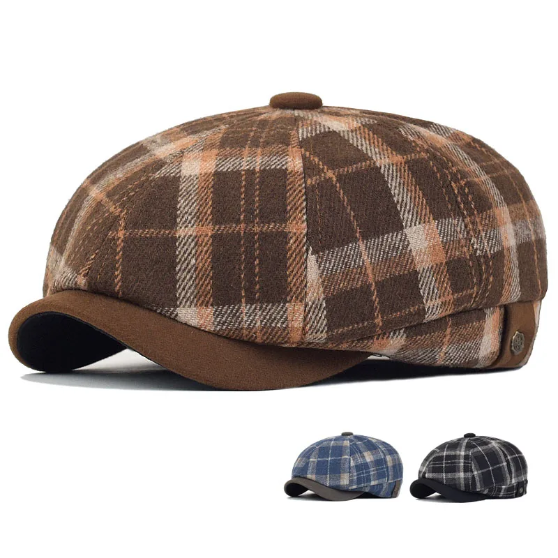 

Plaid Thick Octagonal Hat Autumn Winter Woolen Newsboy Cap Beret Men Women England Gatsby Retro Hat Driver Flat Cap