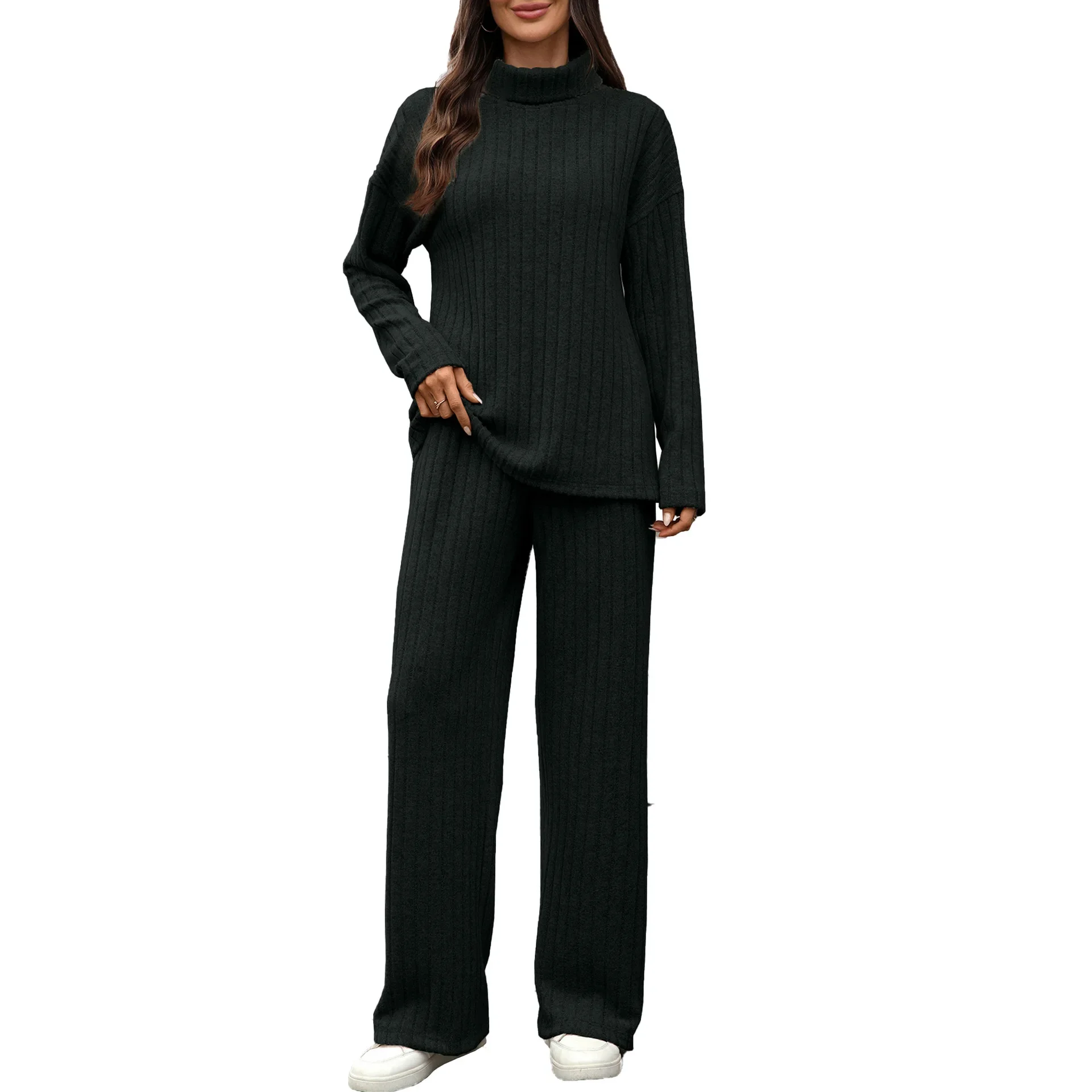 Loose Wide Leg Pants Two Piece Set Women's High Collar Long Sleeve Casual Pocket Cross-Border 2025 New Style Polyester Fiber