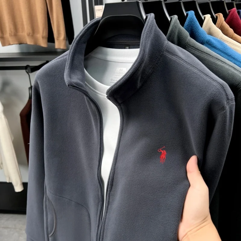 

Designer brand pony embroidery zipper jacket men high-end fashion pocket soft comfort plush warm autumn winter stand collar coat