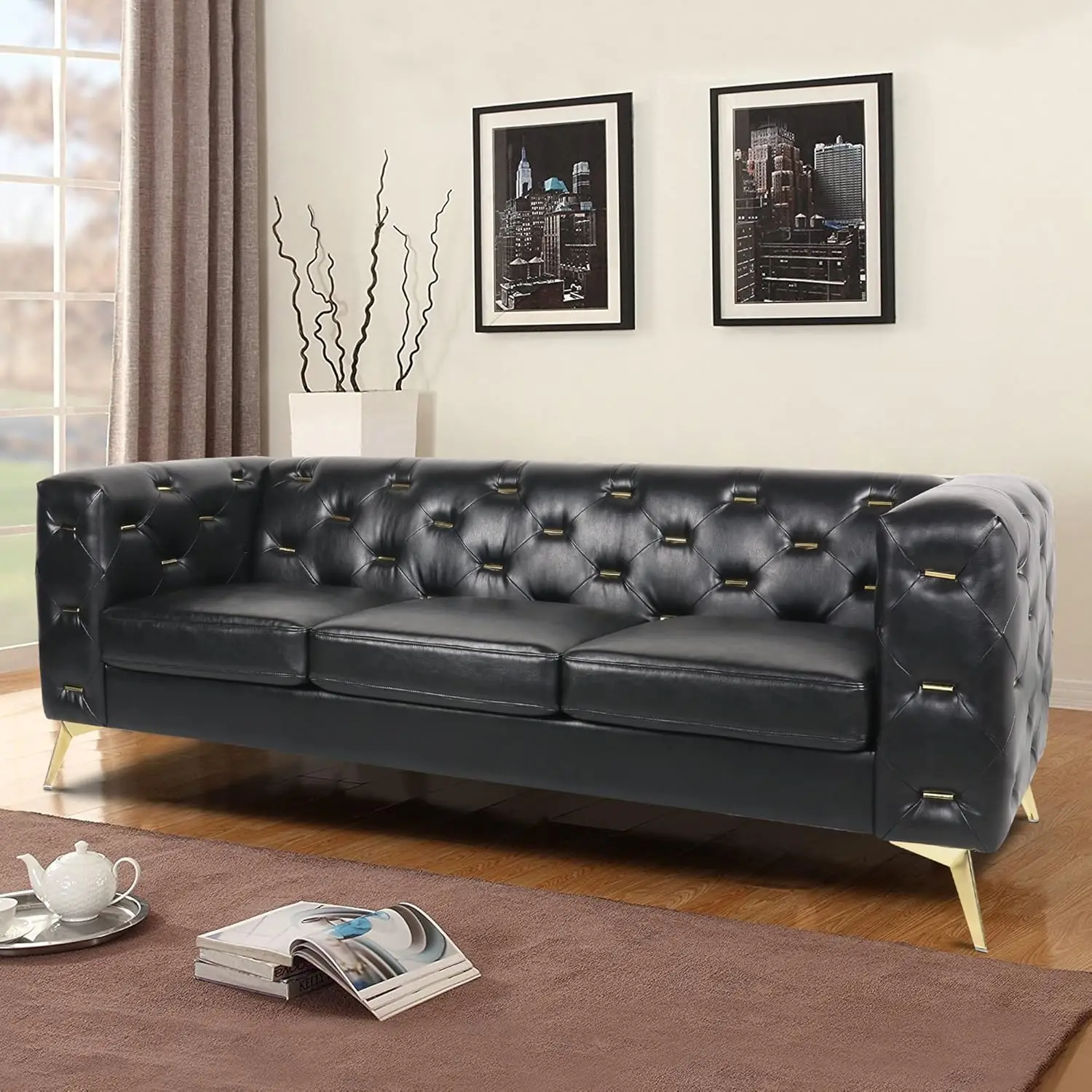 

Chesterfield Sofa, Modern Accent Leather Couch with Square Arms and Metal Tufted Button, Metal Legs for Living Room, Office