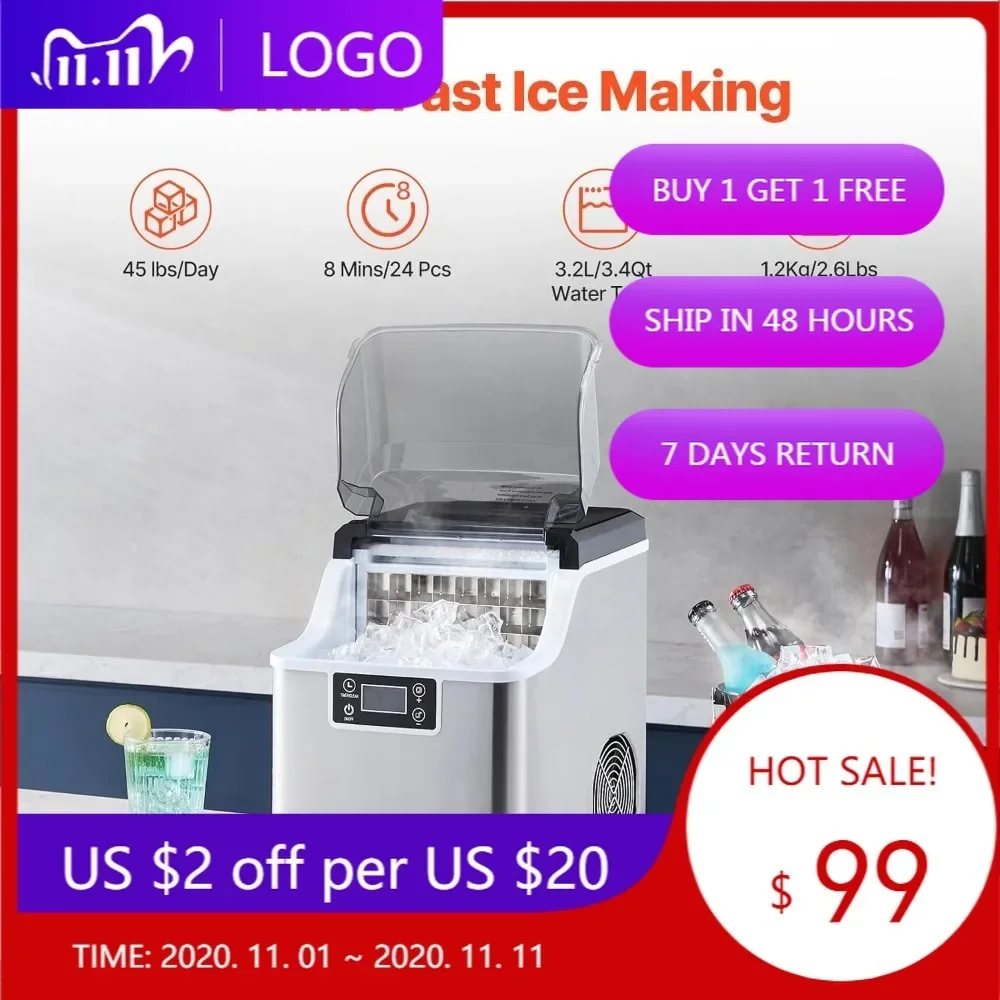 

Quick-Making Portable Ice Machine - 24 Cubes in 15 Minutes, 45 Pounds Daily, Self-Cleaning with Scoop and Basket