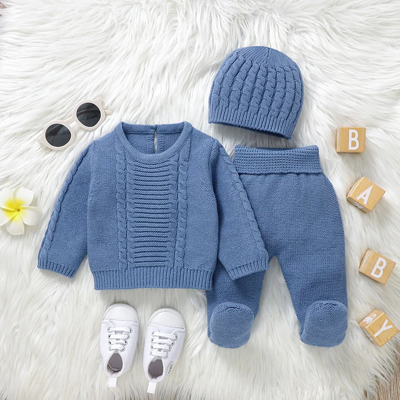 0-9M Newborn Baby Clothes Autumn Winter Solid Blue Full Sleeves Sweaters Jumpers+Long Trousers Infant Kids Boys Sweaters Outfits