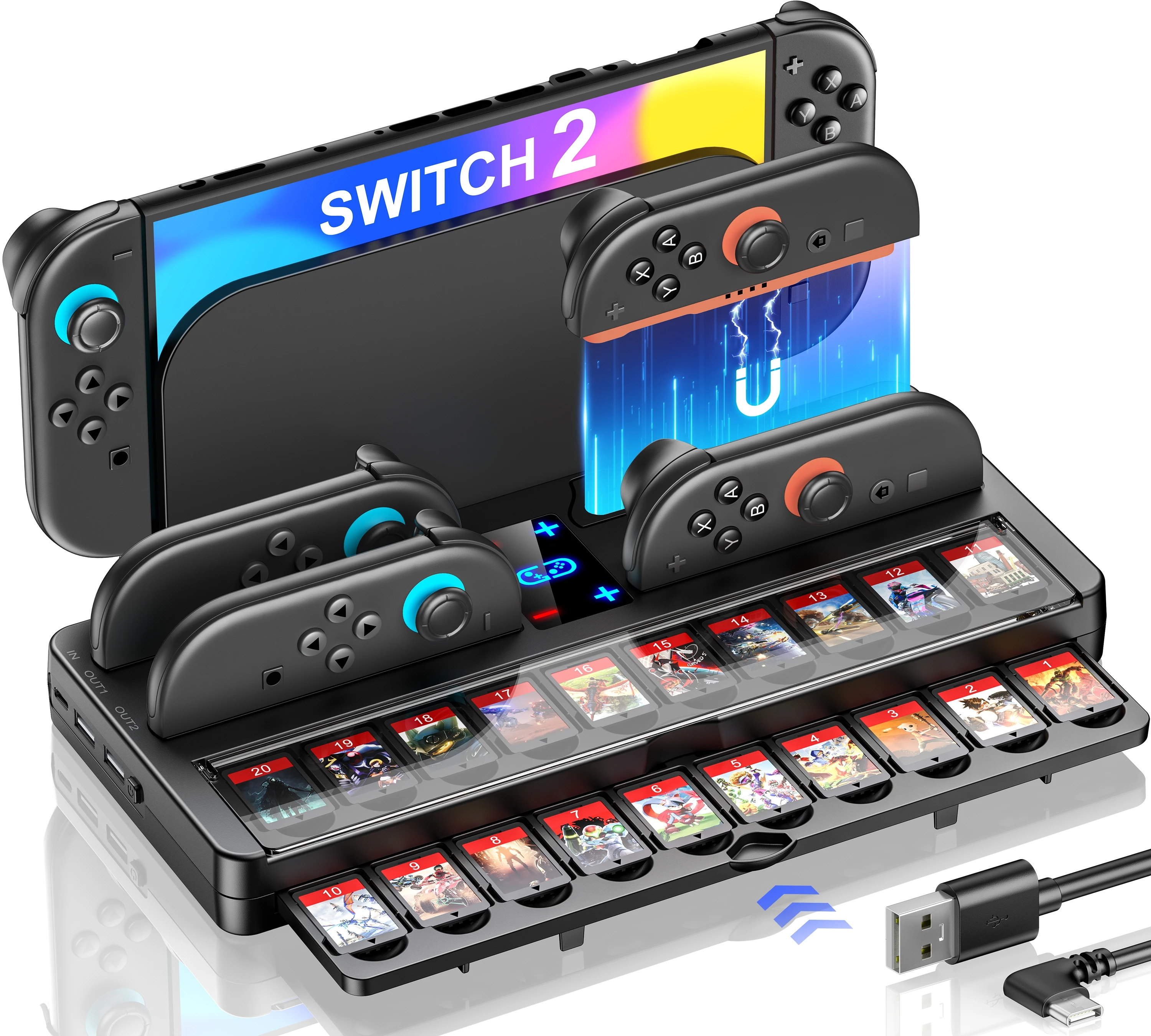 

DinoFire SC300 charger dock 4charger for switch2 with storage Charger Stand Station with USB Cable dust cover 20 game card slots