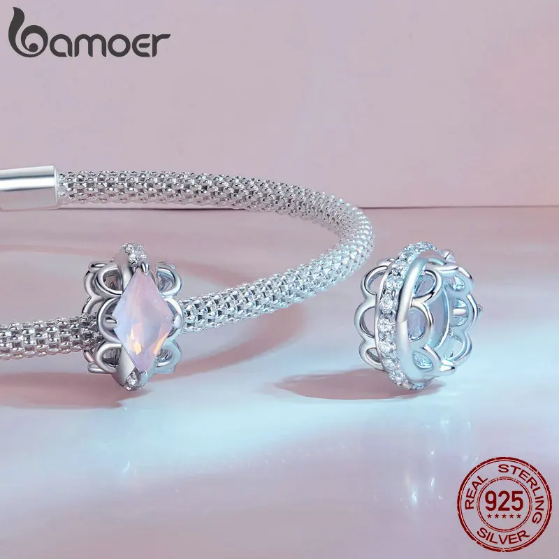 Bamoer-abalorios de plata de ley 925 para mujer y niña, dijes de oso y estrella rosa, cuentas de corazones para pareja, pulsera y brazalete, joyería fina artesanal