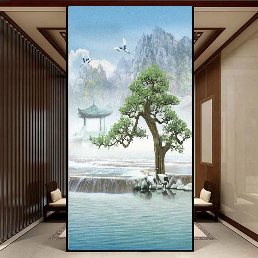 Landscape Pattern Privacy Glass Window Film PVC Frosted Sliding Door Film Static Clings Non-Glue Anti UV Glass Decoration Film