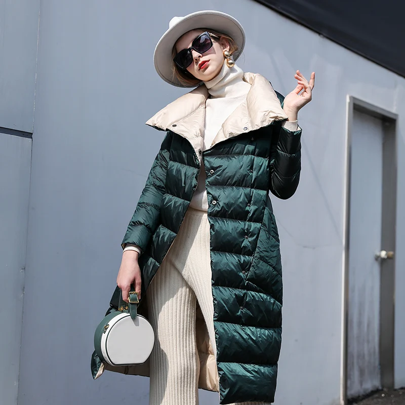 FMFSSOM Women 90% White Duck Down Both Side Down Long Jacket Double Breasted Fashion Blackish Green Outwear Warm Lapel Parka