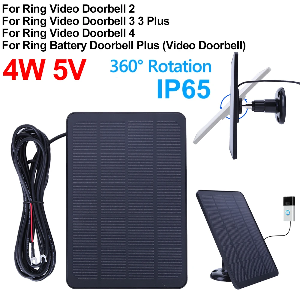 4W 5V Solar Charging Panel Waterproof 360° Adjustable Bracket with 9.8FT Charging Cable for Ring Video Doorbell 4/3/2