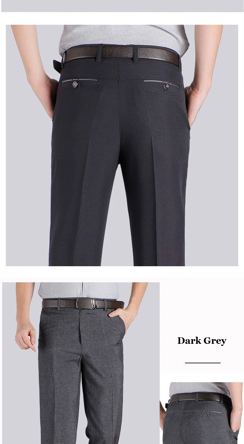 Herren Business-Anzughose, Casual, Mittellange, Weiche, Gepflegte Marken-Arbeitshose, Gerade Passform, Schwarz/Grau, Große Größen 28-40 – Detail 11