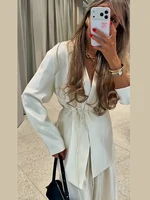 Solid Color Lace up Coat Long Pants Lady Set V-Neck Long Sleeve Jacket High Waist Straight Trousers Casual Chic Women's New Sets - Image 4