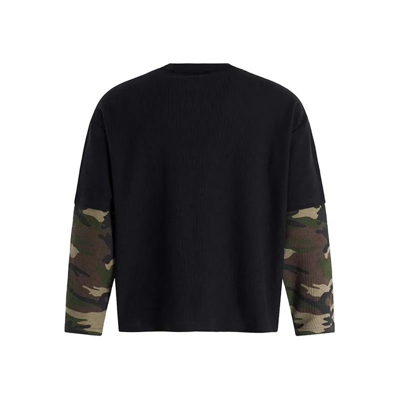 Men's Fashion High Street Printed T Shirts With Camouflage Sleeve Oversized Hip Hop Tees Long Sleeve Tops For Male Painted