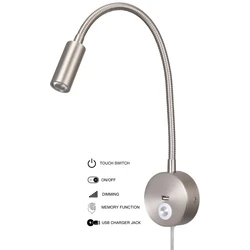 Tokili plug in lâmpada de leitura níquel escovado montado na parede holofote cama cabeceira gooseneck arandela luz foco feixe AC100-240V 3w