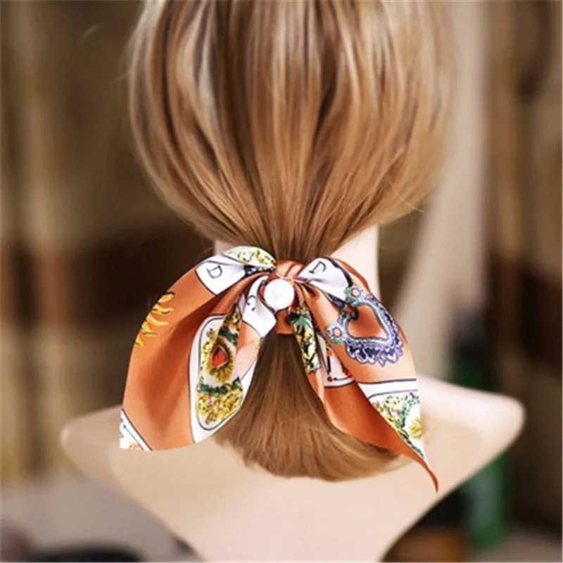 Fashion Floral Single Print Bow Satin Long Ribbon Ponytail Scarf Hair Tie Scrunchies Women Elastic Hair Bands Hair Accessories