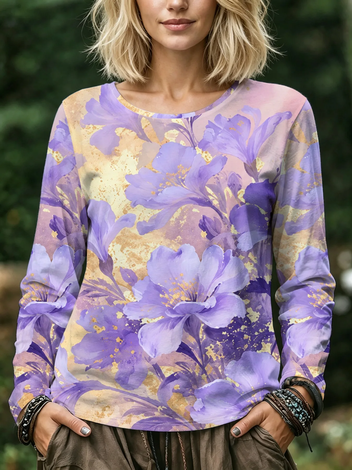 Women Blouse Watercolor Purple Floral Print Round Neck Long Sleeve Pocket Casual Loose Tops Women's Clothes