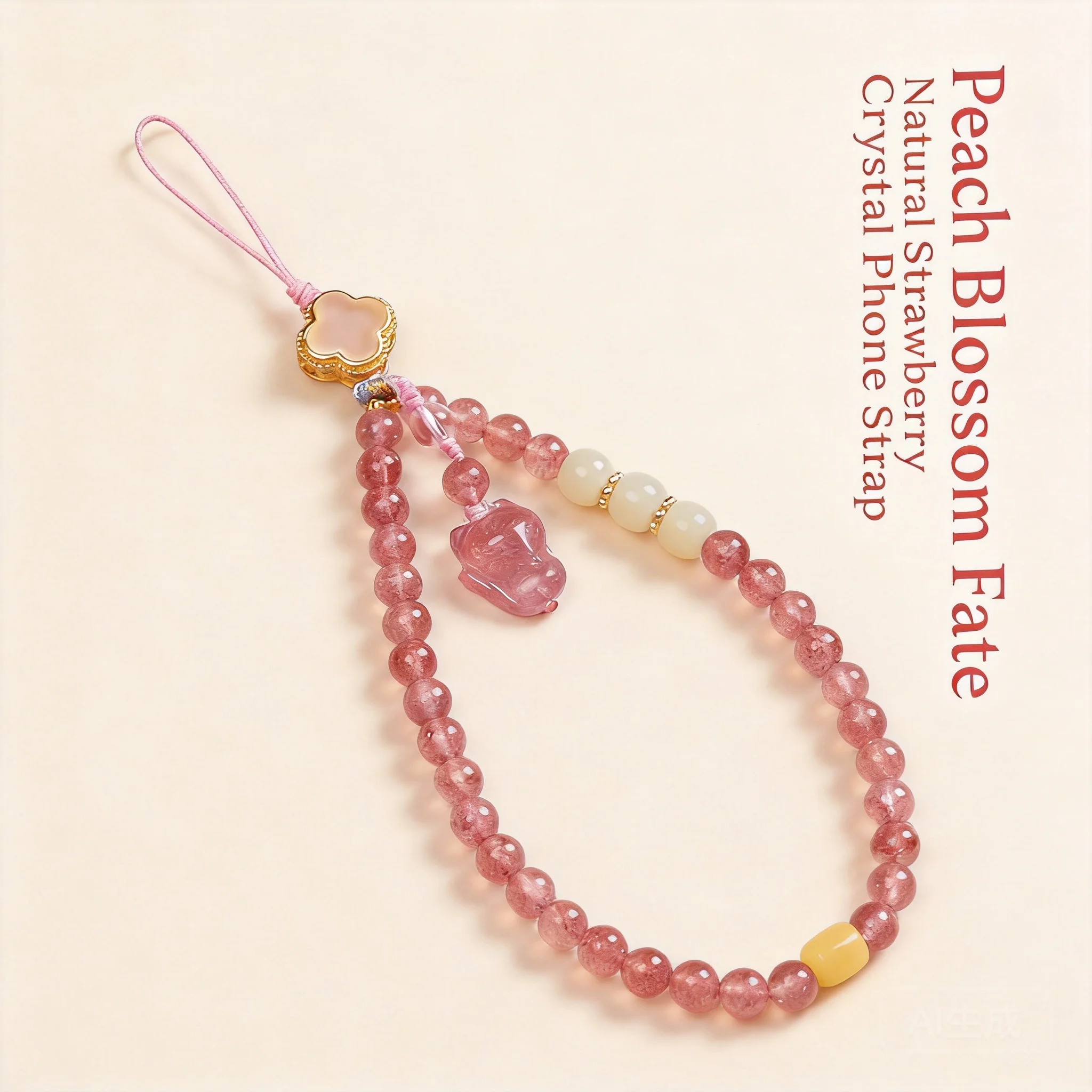 

Chinese Style Lucky Natural Strawberry Quartz Fox Pendant Phone Lanyard Hetian Jade Amber Wrist Strap Good Fortune Blessing Deco