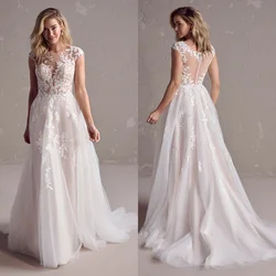 Elegant A Line Wedding Dresses Lace Appliques Sequins Sleeveless Bridal Gowns Sexy See Thru Back Sweep Train Robes de Mariee