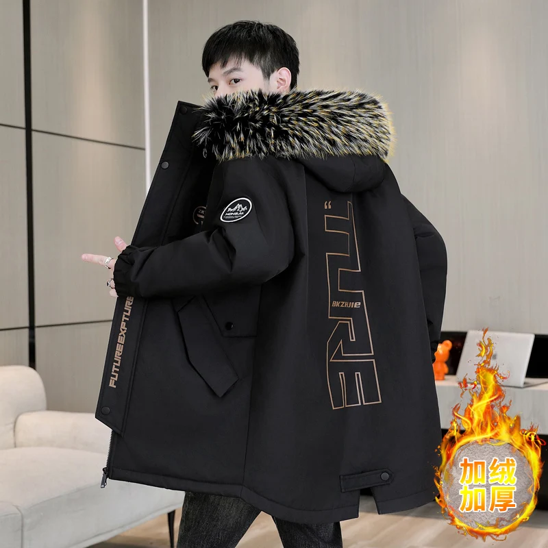 Men's Mid-Length Fleece Hooded Jackets 2025 Winter Detachable Fur Collar Thicken Plush Parkas Outwear Loose Windproof Warm Coats