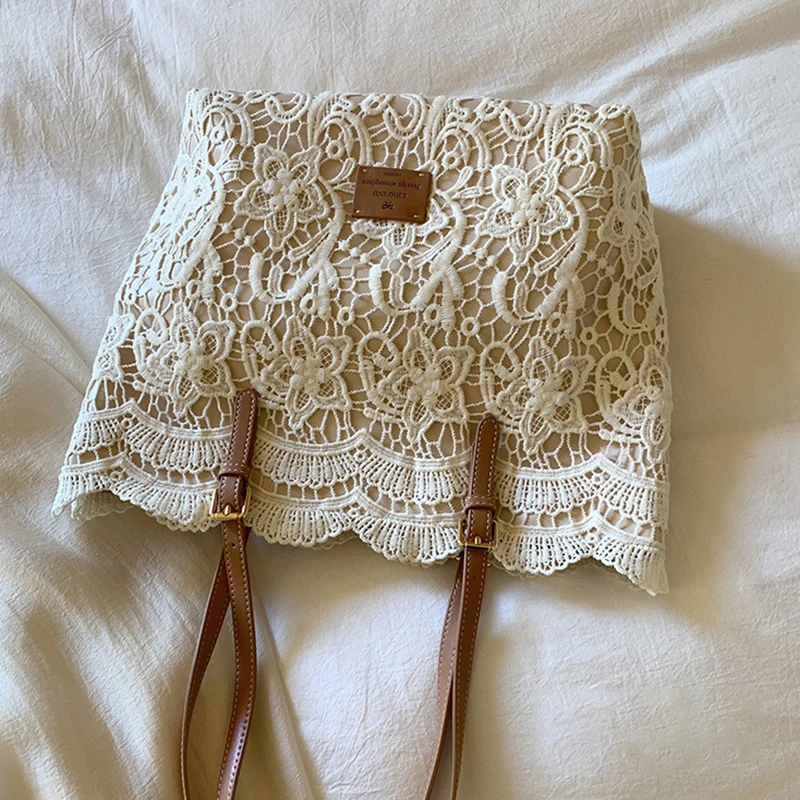 Women White Lace Flower Embroidery Tote Summer Seaside Travel Vacation Beach Bag Shoulder Retro Handbag