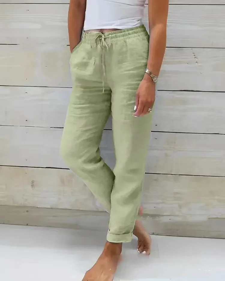 Women High Waist Elastic Waist Solid Cotton Linen Casual Long Straight Pants