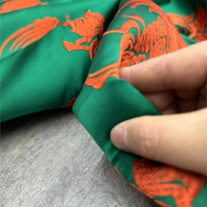 Silk satin fabric green background red embroidery clothing 140cm