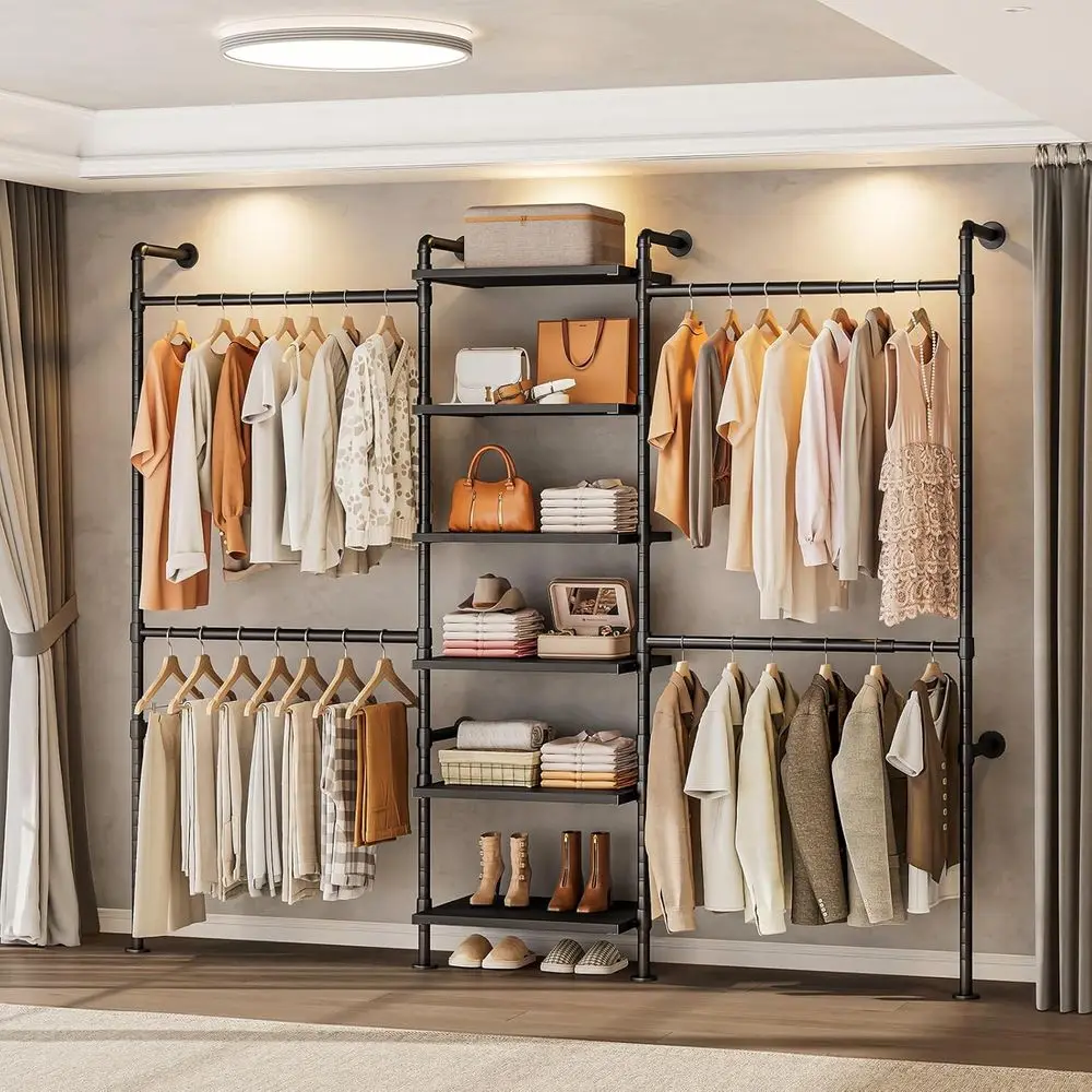 

Industrial Style Wall Mounted Closet System with 6 Wooden Shelves and 4 Rods for Heavy-Duty Storage and Organization