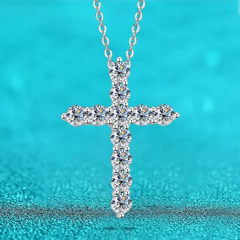 Full Moissanite Cross Pendant Original Sterg Sliver Chain Plated White Gold Fine Necklace For Women Jewelry