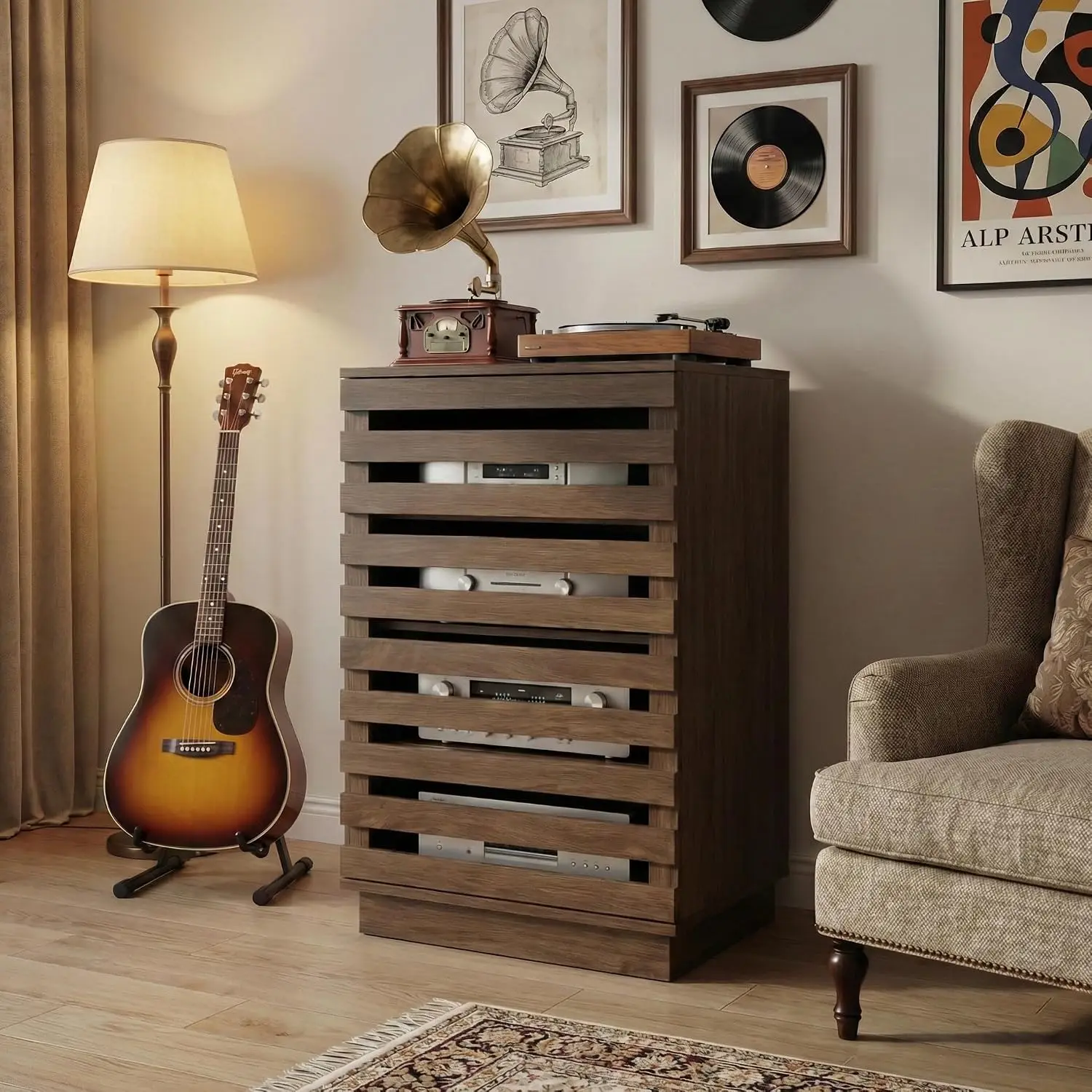 Four Tier Ventilated Media Cabinet With Cable Control Stereo Storage Rack Rustic Brown