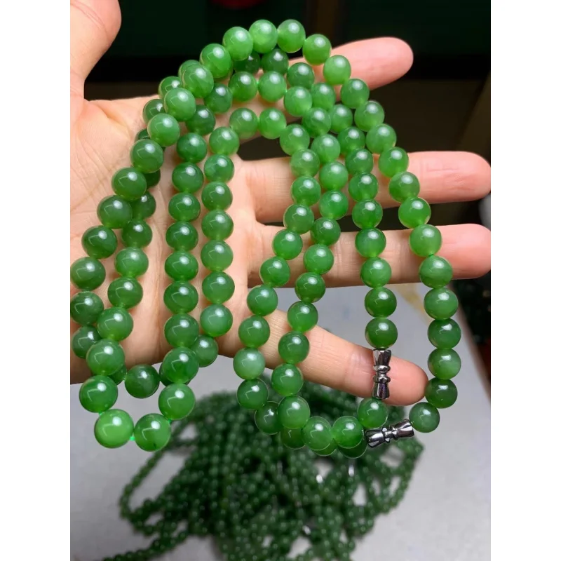 Hetian Green Necklace 8M Buddha round Beads Lanyard Jade Pendant Accessories