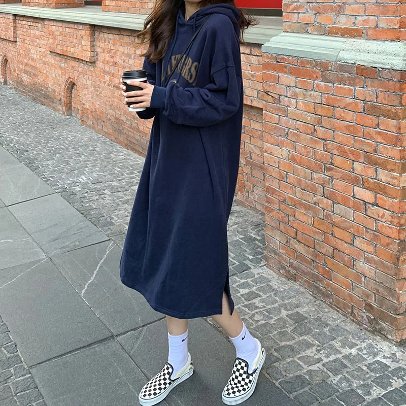 فستان نسائي بقلنسوة من الصوف السميك من Kot طويل فوق الركبة على الطراز الكوري ملابس خارجية غير رسمية مطبوعة للتنقل