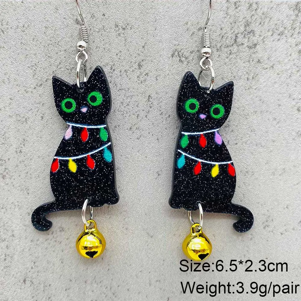 Pendientes de Navidad de cinco estrellas puntiagudas, luces de árbol de Navidad, campanas de gato negro, pendientes acrílicos, regalos de decoración navideña, nuevos