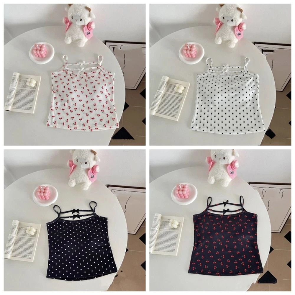 

Soft Dot Cherry Crop Top Sleeveless Slim Fit Sweet Girl's Tank Top Beachwear Korean Style Bowknot Camisole Girl