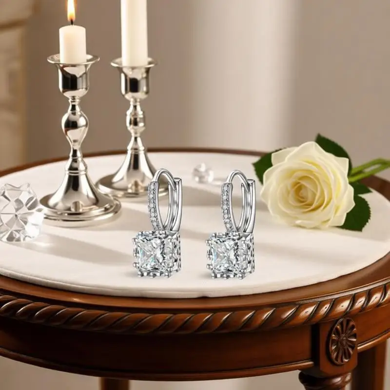 Classic 925 Sterling Silver Square Crystal Zircon Lever Back Drop Earrings for Women Girls Wedding Party Fashion Jewelry Gifts