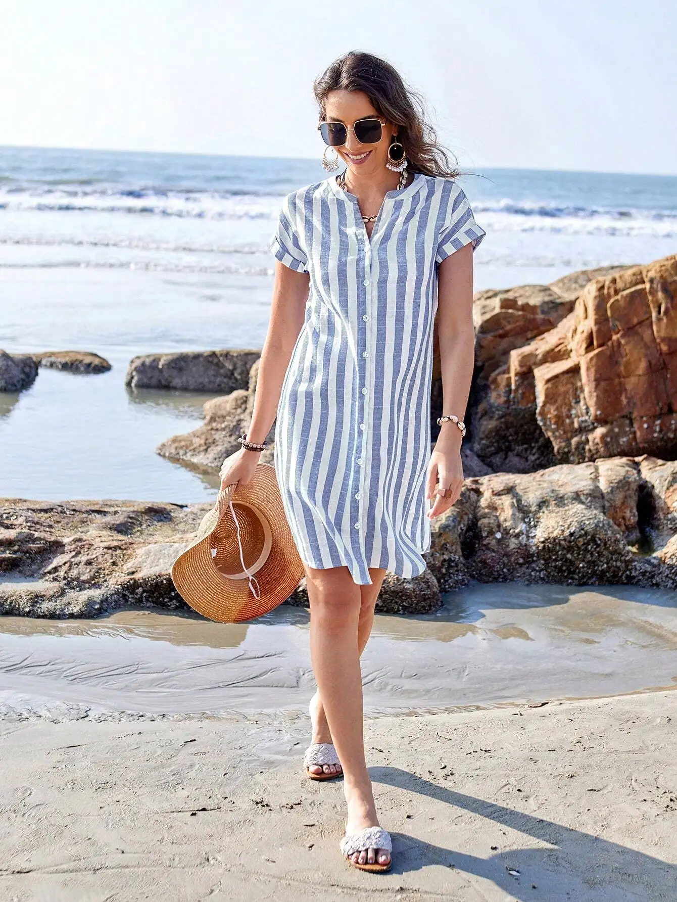 

Women's Striped Short Sleeve Button-Front Shirt Dress, Knee-Length Casual Summer Dress