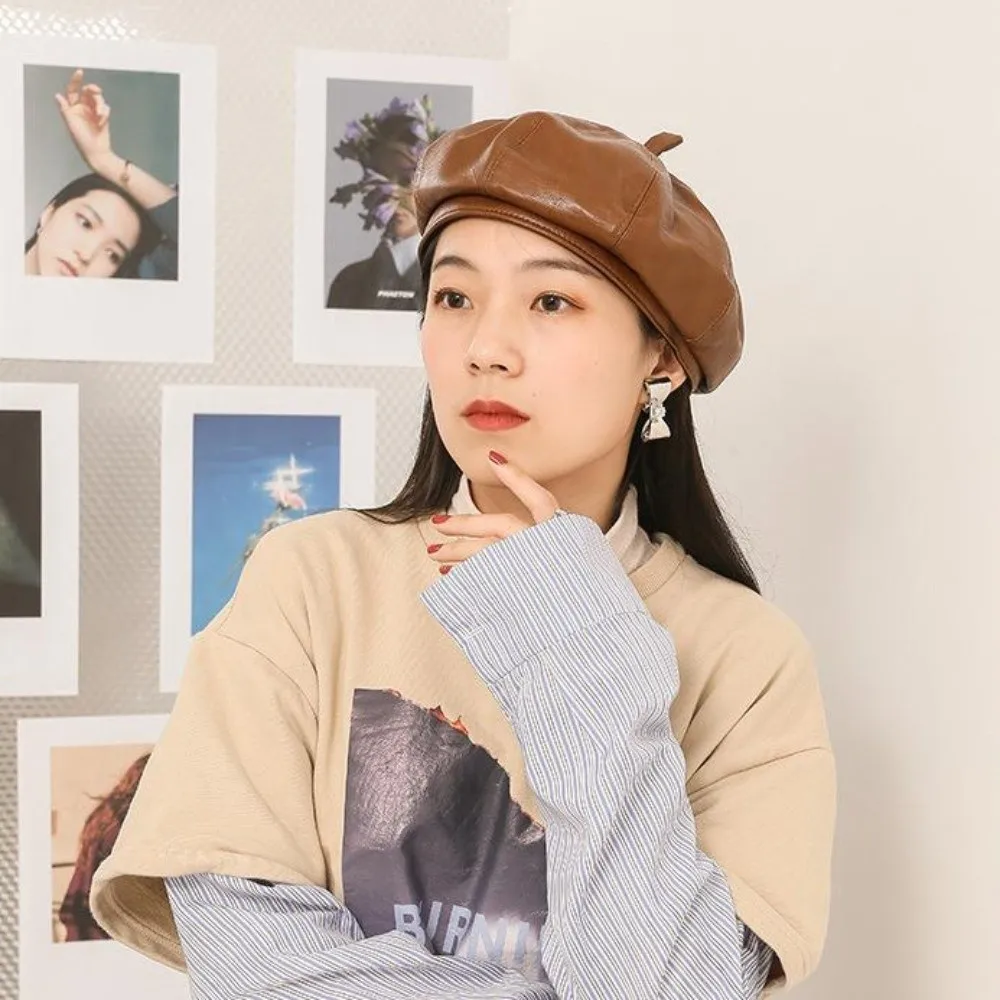 Trendy Retro Beret Hat Solid Color PU Leather French Cap Octagonal Painter Cap for Women