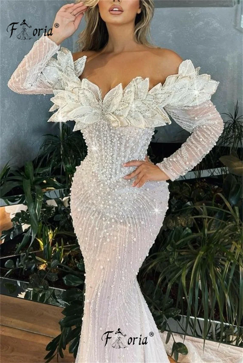 Elegante Dubai Perlen Meerjungfrau formelle Abendkleider Perlen 3d Applikationen Arabisch Ballkleid Hochzeits feier Kleider Robe de Soiree