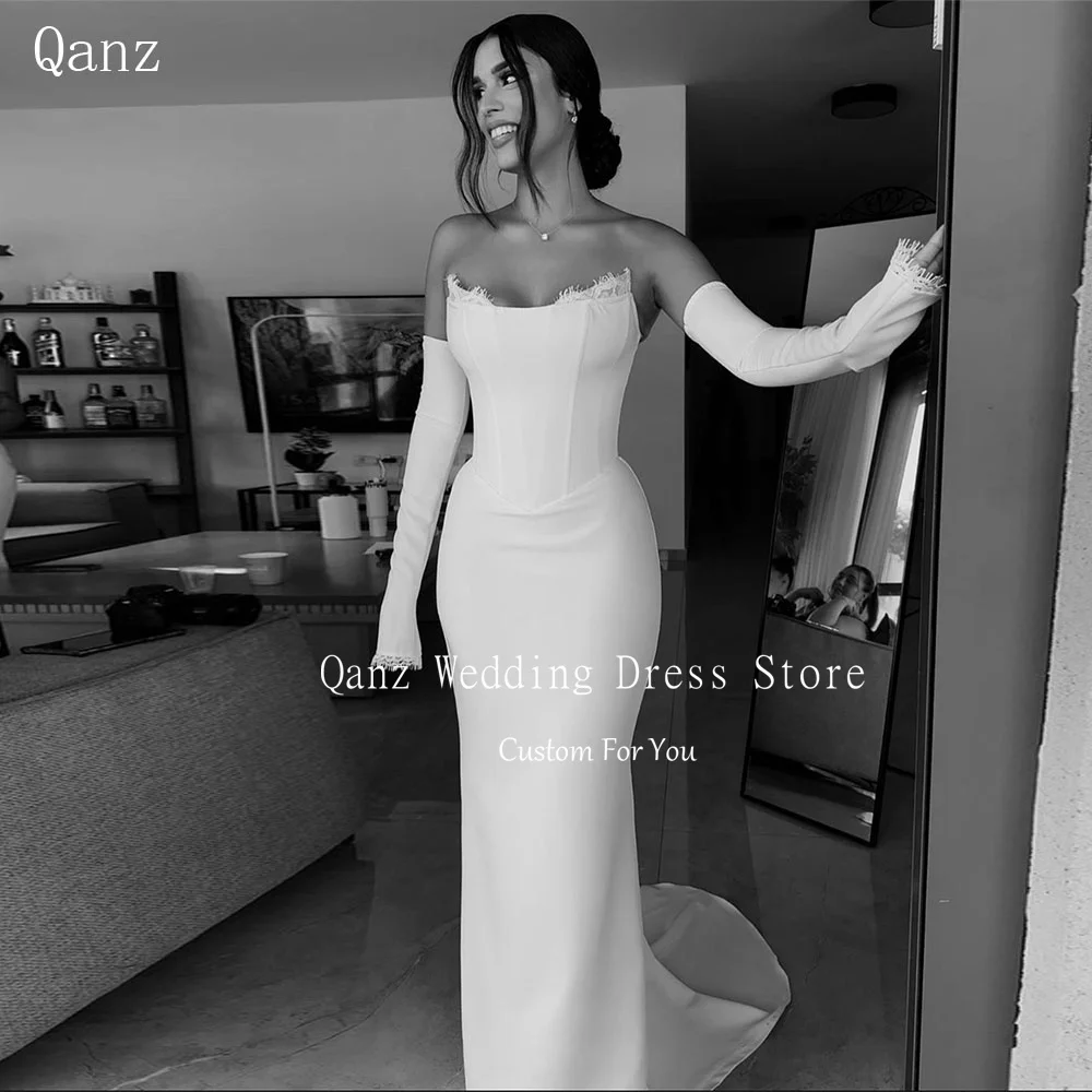 

Qanz Elegant Satin Wedding Dresses Full Seeves Lace Vestidos De Festa Mermaid Strapless Robe De Mariage Sirene Manche Long