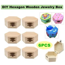 6PCS Plain Unfinished Box Hexagon Unpainted Wooden Jewelry Box with Hinged Lid and Front Clasp DIY Storage Chest Treasure Case