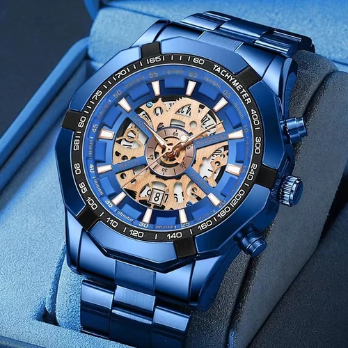 Imagen 1 del producto 2025 relojes de cuarzo para hombre de primeras marcas de lujo de acero inoxidable resistente al agua ahueca hacia fuera los relojes de pulsera masculinos grandes azules reloj Masculino