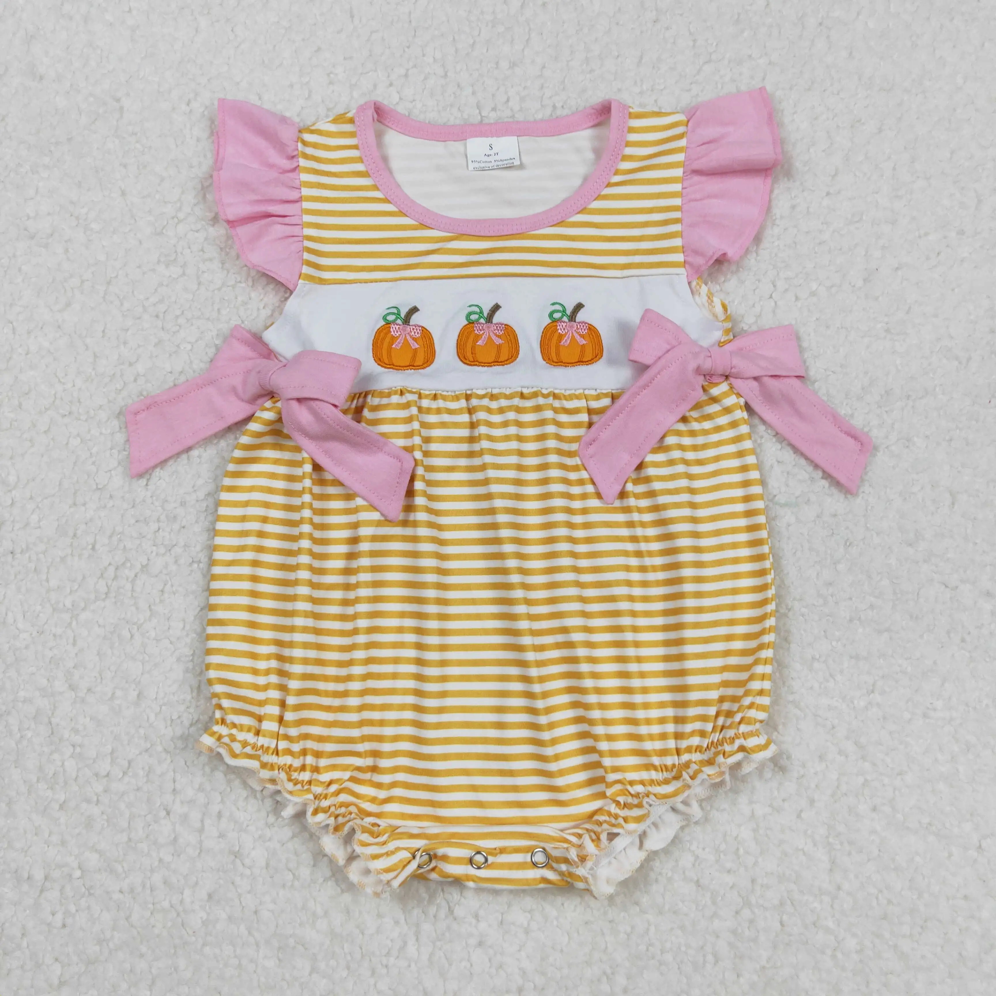 

8.26y Baby Girls Thanksgiving Embroidery Romper with Pumpkin Orange Striped Vest Pink Bow Bodysuit Wholesale Boutique Clothing