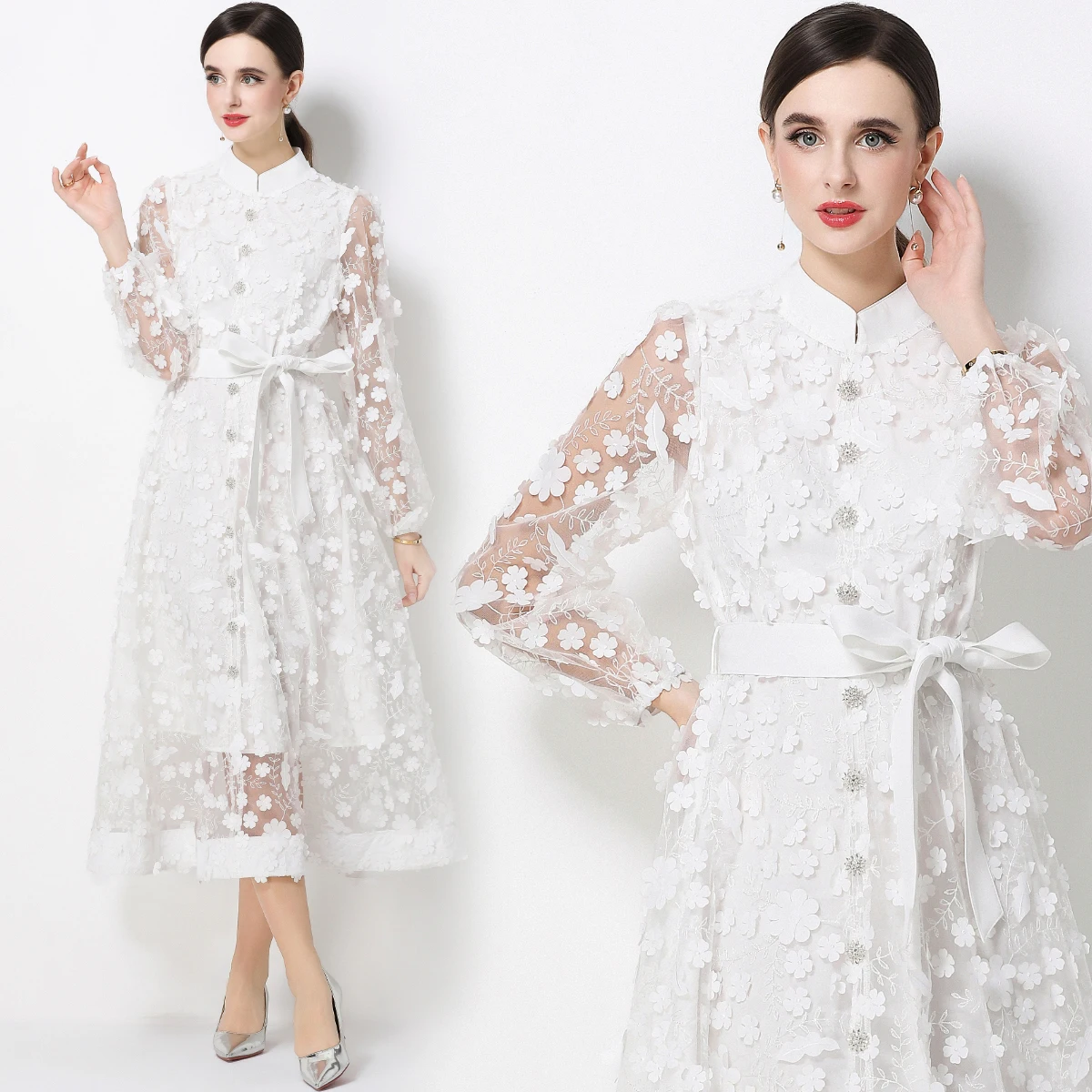 

Summer Luxury Women's 3D Flower Embroidery Mesh Long Dress Elegant Puff Sleeve A-Line Tulle Prom Formal Party Gown