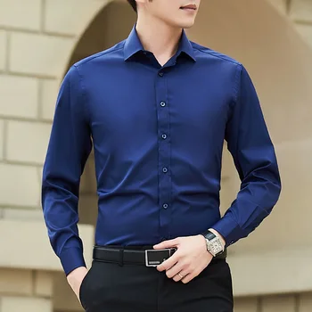 New Plus Size Men Solid Color Business Shirt Fashion Classic Basic Casual Slim White Long Sleeve Shirt Brand Clothes 2