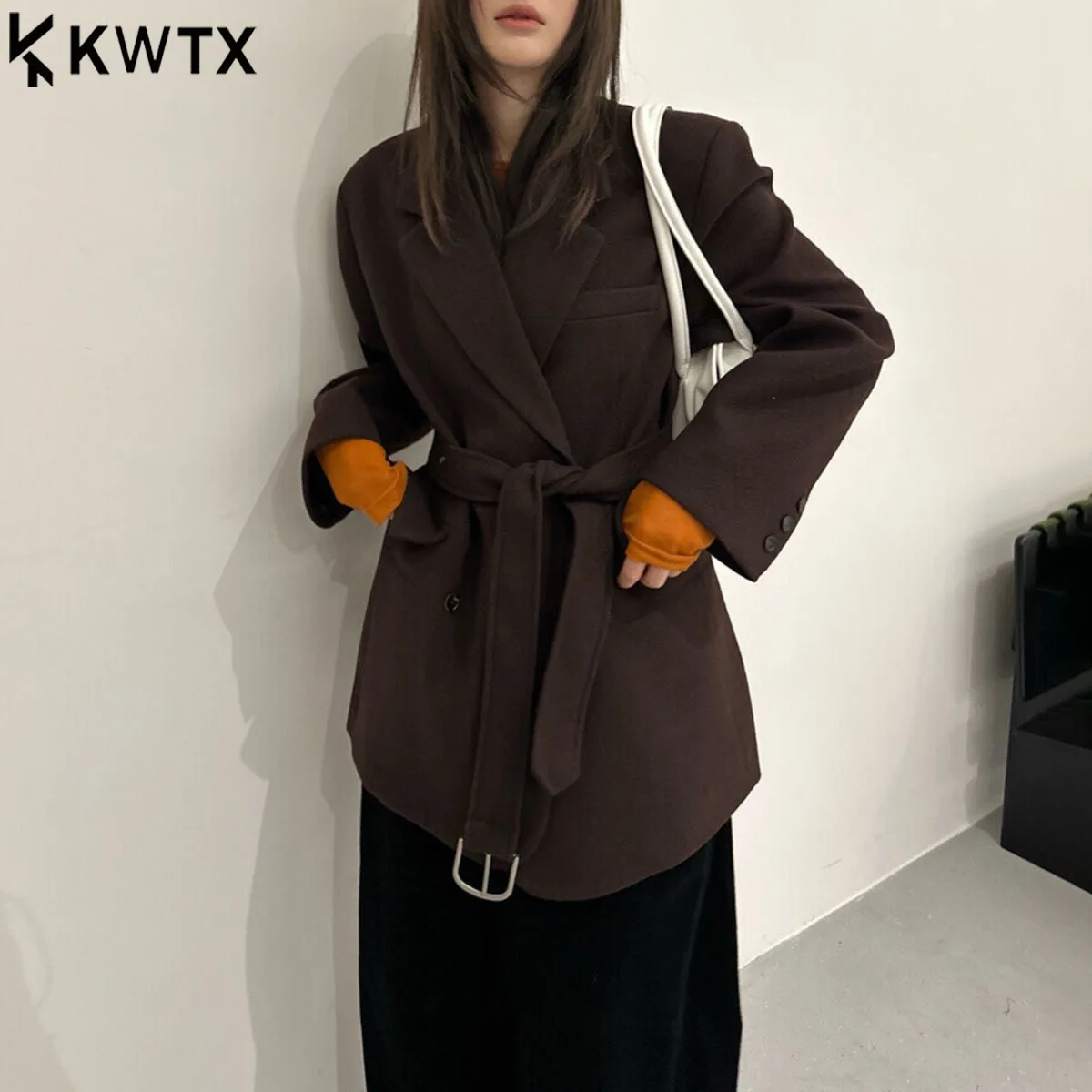 

KWTX 2025 Women’s 100% Wool Blazer Double Breasted Belted Vintage Lapel Casual Elegant Autumn Winter New Arrival Chic Premium