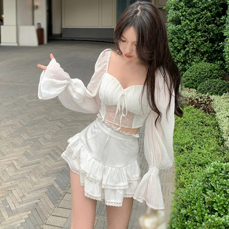 Summer Flare Sleeve Women Tops Ruffle Solid Elastic Waist Chiffon Slim Ladies Harajuku Sexy Short Blouse