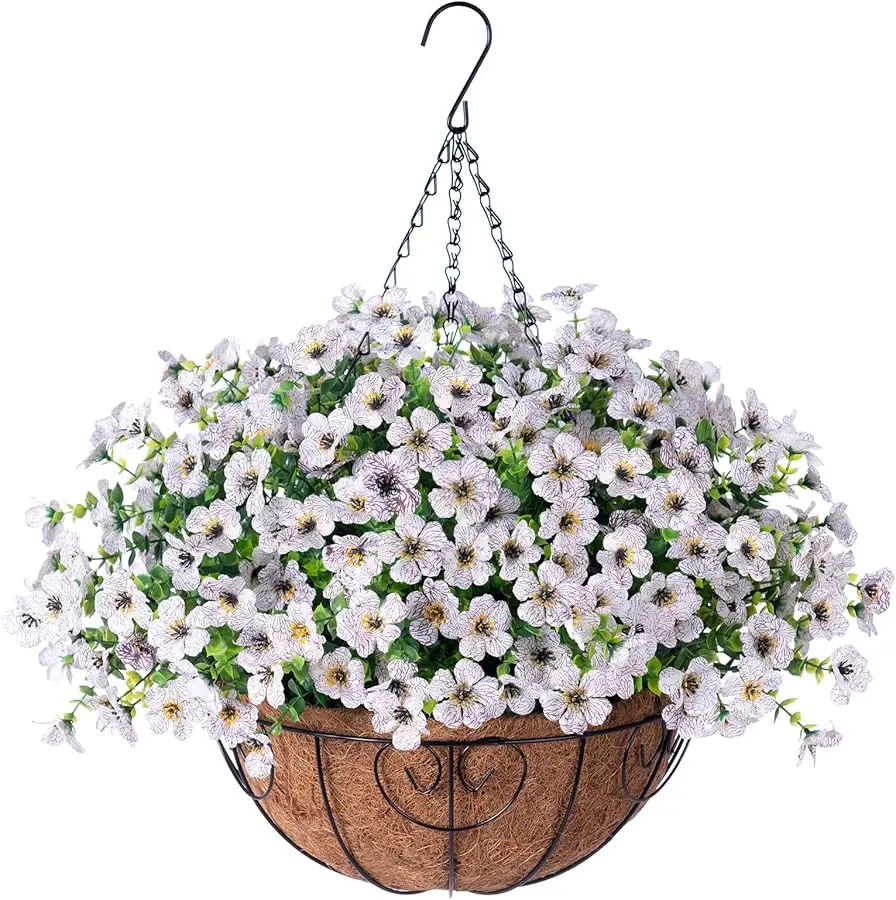 

Artificial Fake Hanging White Plants Flowers Basket for Outdoor Fall Winter, Faux Silk Daisy in Planter Realistic UV Resistant f