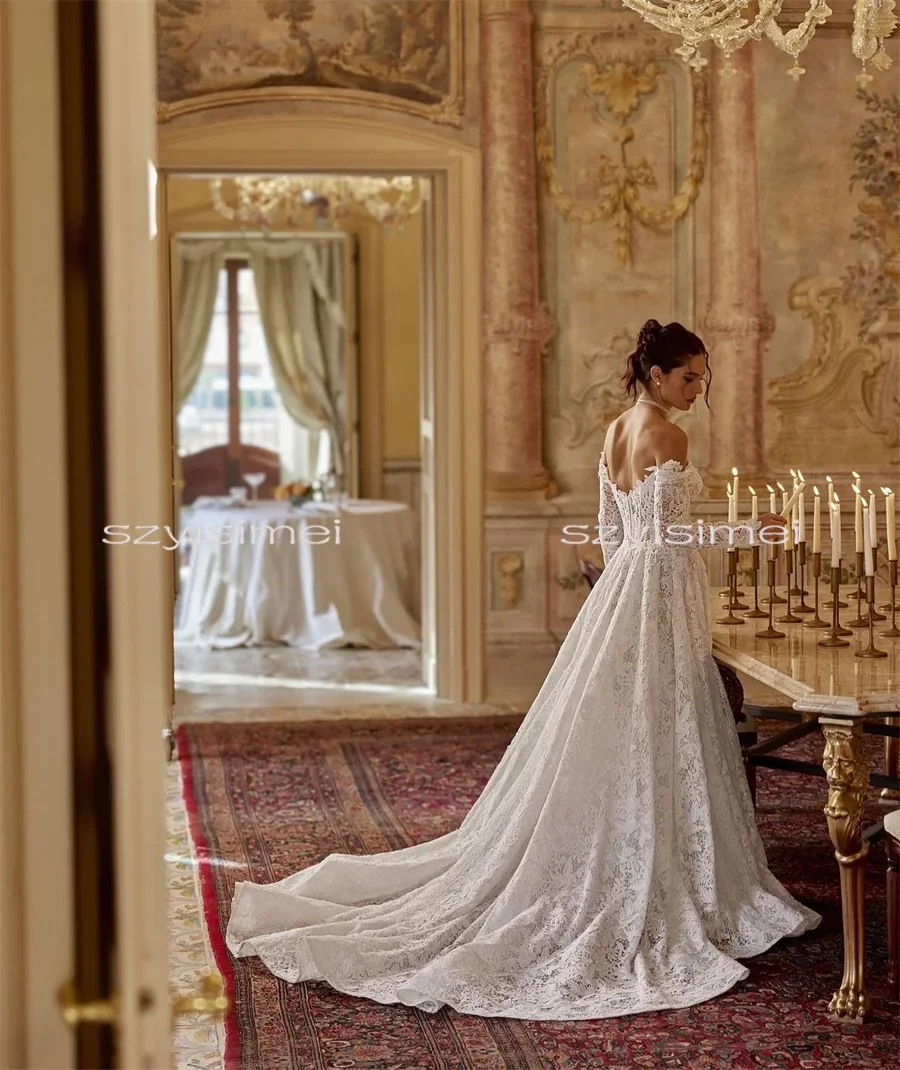 الحبيب ألف خط قبالة الكتف الدانتيل فستان الزفاف 2025 زي العرائس كم طويل عارية الذراعين فساتين زفاف مخصصة لحفل الزفاف