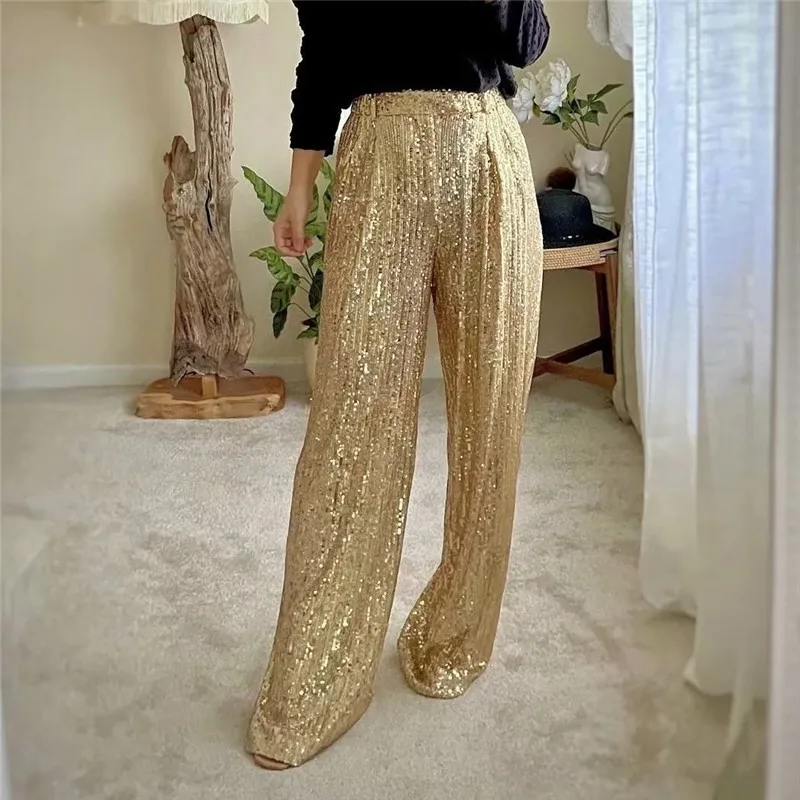 Merodi-Women's Golden Shiny Sequined Long Pants, High Waist, Za Straight, Party, Chic, Sexy, Spring Fashion